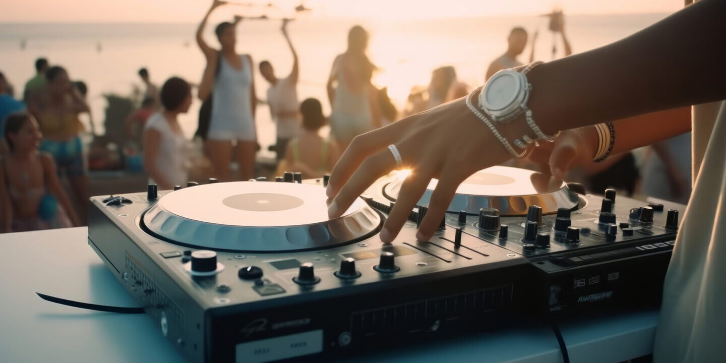 DJ summer beach party. Illustration AI Generative