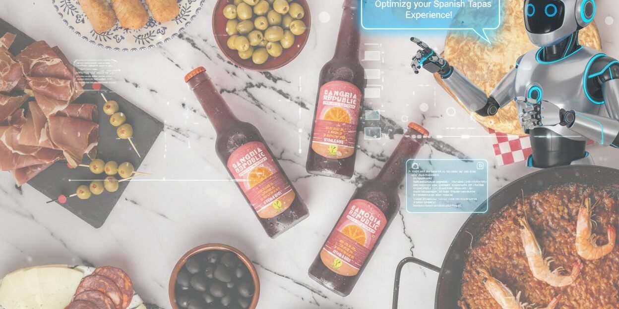 Robot AI chef recommending Sangria Republic bottles alongside traditional Spanish tapas like olives, paella, and jamón—symbolizing innovation meeting culinary heritage.