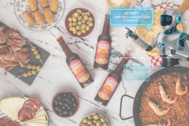 Robot AI chef recommending Sangria Republic bottles alongside traditional Spanish tapas like olives, paella, and jamón—symbolizing innovation meeting culinary heritage.